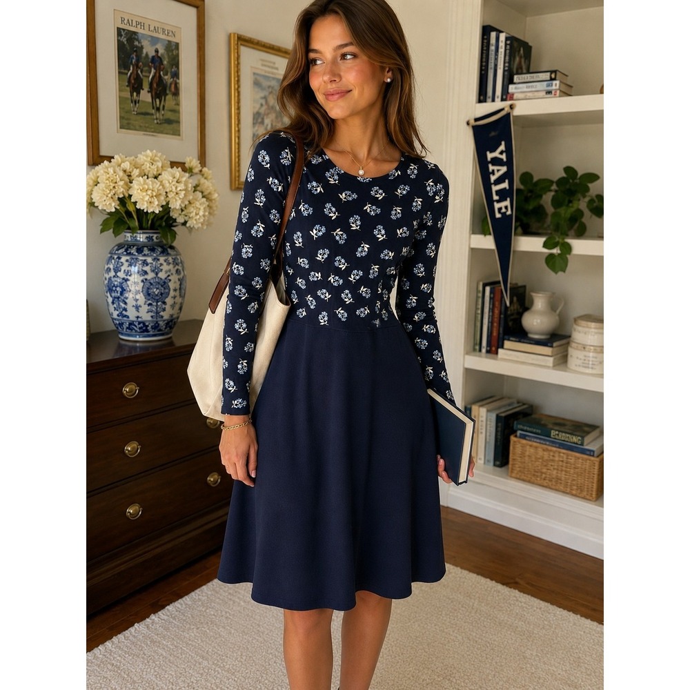 Draper James Sz XL Floral A-Line Knit Sweater Dress Navy Blue Long Sleeve Preppy
